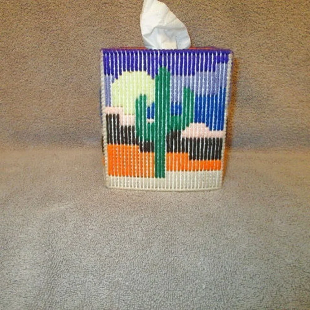 Vtg Cross Stitch Plastic Canvas Tissue Box Cover Saguaro Desert Sunrise Cactus